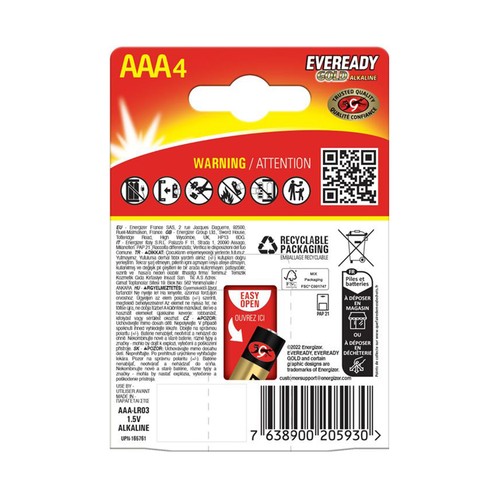 Pack 4 Pilas Alcalinas AAA. EVERYDAY GOLD