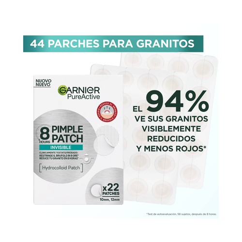 GARNIER Pure active Parches anti-granos (10 y 12 mm) invisibles 8 horas 22 uds.