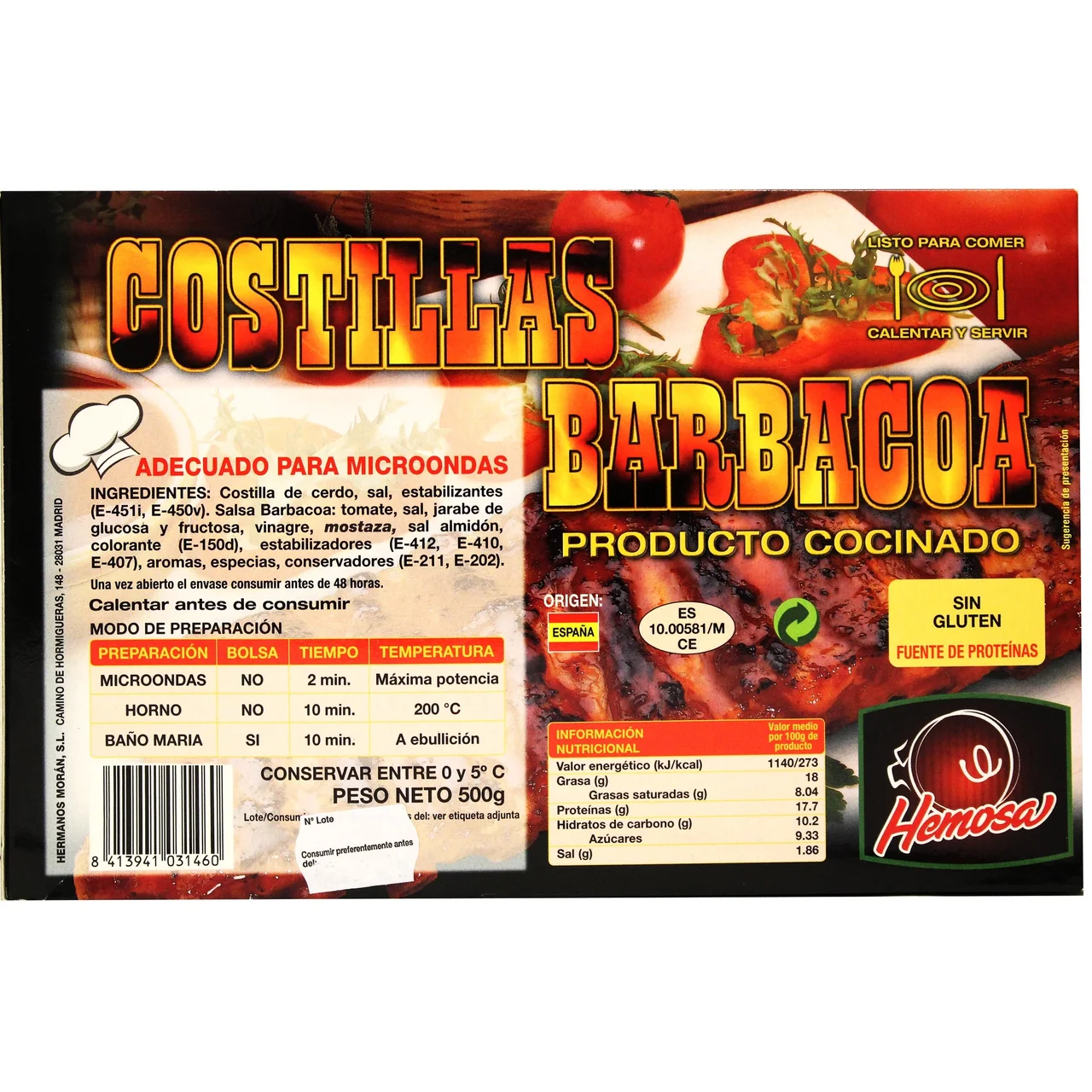 HEMOSA Costillas de cerdo con salsa barbacoa HEMOSA 500 g.