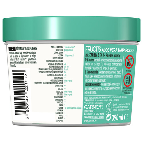 FRUCTIS Mascarilla capilar hidratante intensiva con aloe vera, para cabello normal FRUCTIS Hair food de Ganier 390 ml.