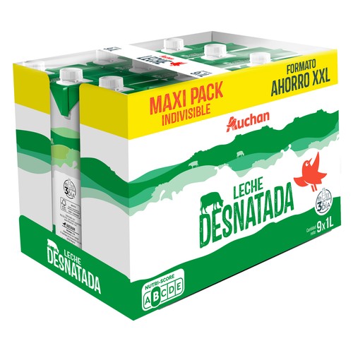 AUCHAN Leche de vaca desnatada, Maxi Pack Ahorro XXL 9 x 1 l Producto Alcampo.
