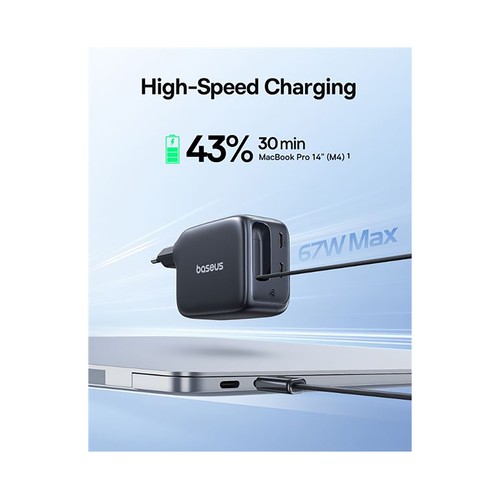 Cargador de casa ultrarápido con cable retráctil usb-c BASEUS 67W, 2 puertos USB