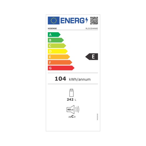 Frigorífico 143,4cm HISENSE RL313D4AWE CÍCLICO, clasificación energética: E, H: 143,4cm, A: 55cm, F: 54,2cm, capacidad total: 242L.