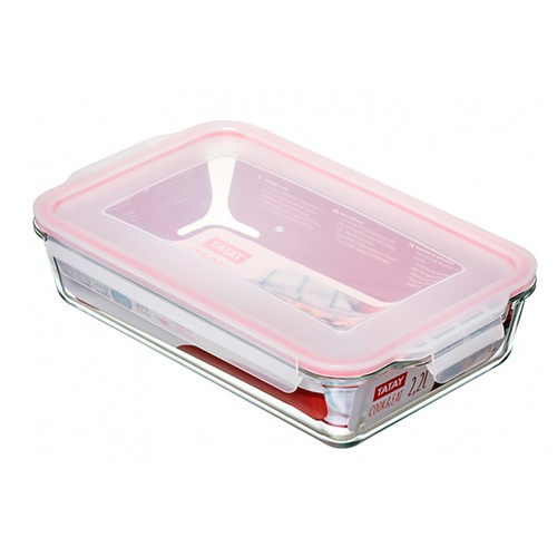 Hermético de vidrio rectangular con tapa de plástico color rojo, capacidad 2,2L,. TATAY.