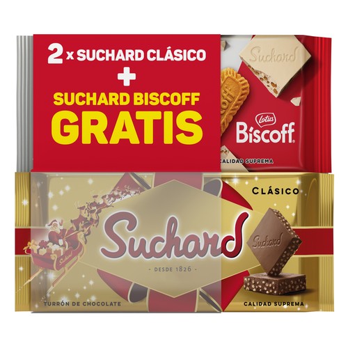 SUCHARD  Lote turrón de chocolate y turrón de chocolate blanco Biscoff 690 g.