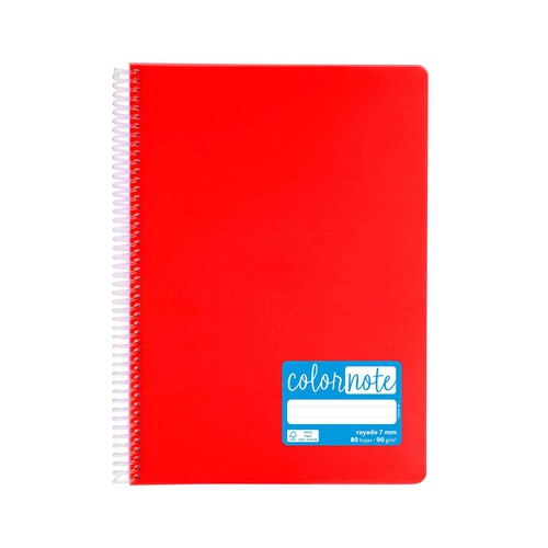 Cuaderno tamaño A4 con cubiertas de PP en color rojo y espiral plástica, con 80 hojas de rayadas de 7 mm y de 90 gr en el interior, GRAFOPLAS.