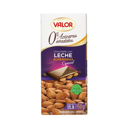 VALOR Chocolate con leche y almendras sin azúcares añadidos tableta de 150 g.