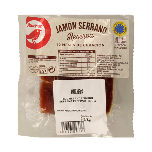 AUCHAN Taco de jamón serrano reserva (12 meses de curación) 370 g. Producto Alcampo