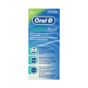 Imagen de ORAL-B Seda dental pre-cortada, para pesonas con braquets, punetes y huecos entre los dientes ORAL-B Super floss 50 ml.