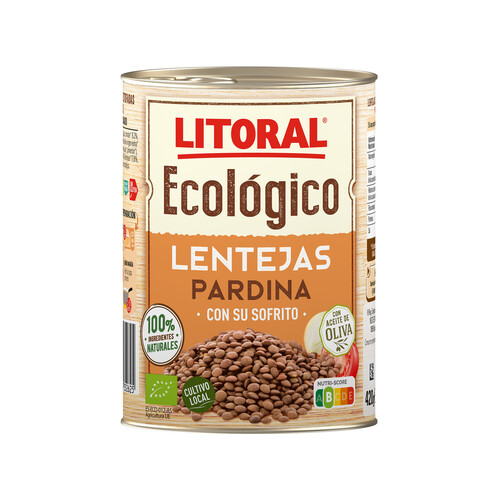 LITORAL Lentejas con sofrito, variedad Pardina ecológicas LITORAL ECOLÓGICO 420 g.