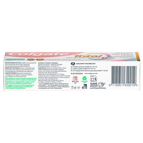 COLGATE Total prevención activa + expert Pasta de dientes de uso diario con espuma de precisión y acción anti-placa, sabor menta fresca 75 ml.
