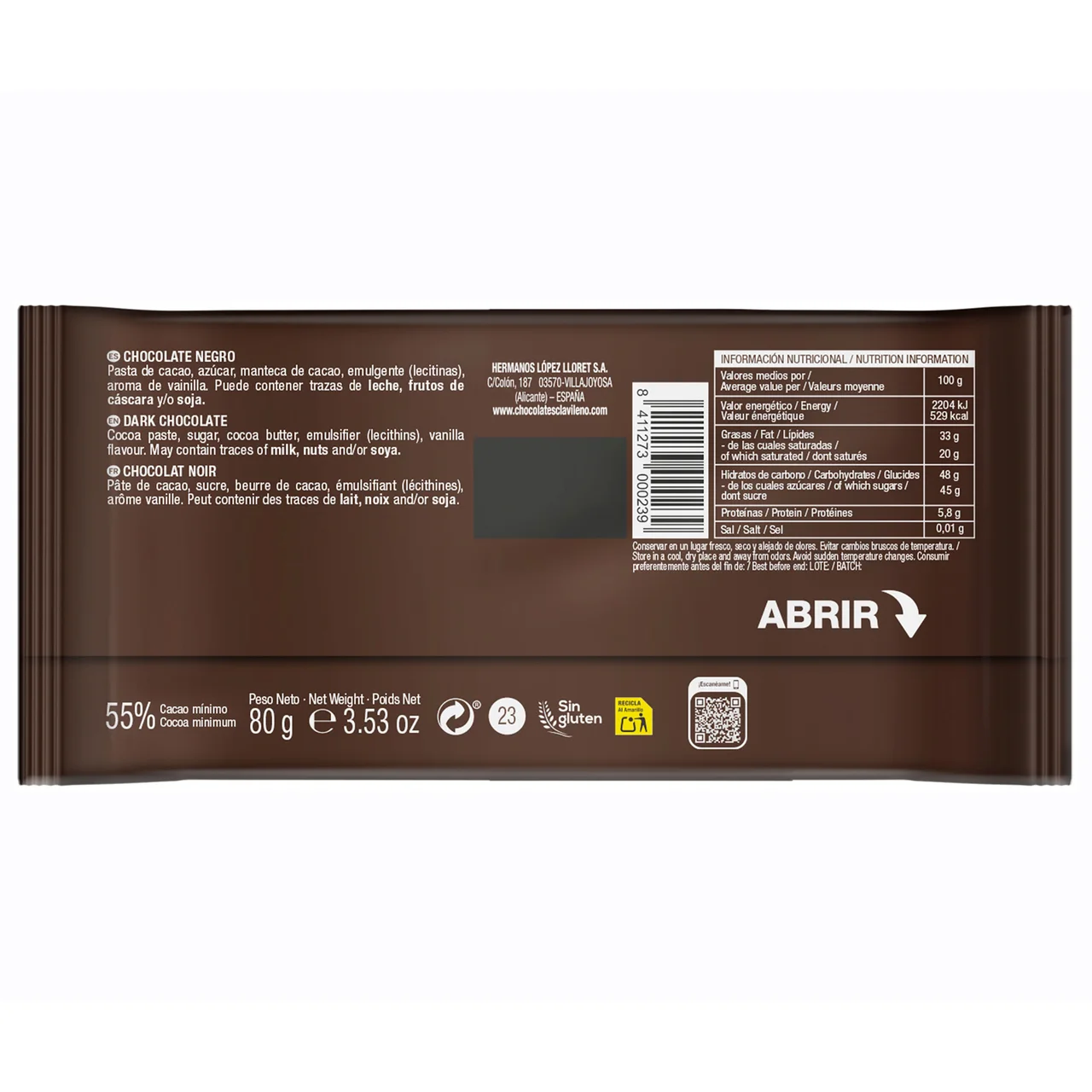 Chocolate negro 55 % 100 g.