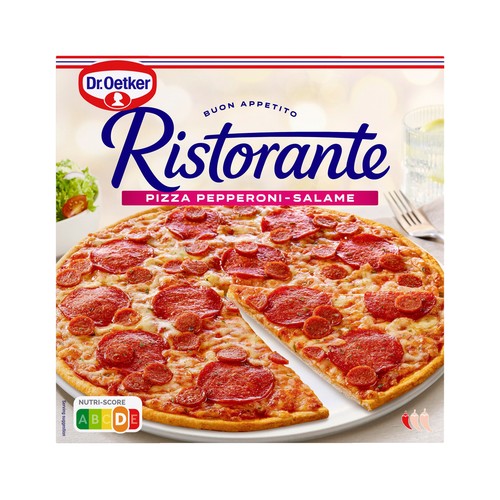 DR. OETKER Ristorante Pizza congelada con masa fina de pepperoni y salami 320 g.