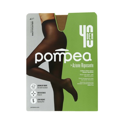 Panty transparente mate con acción descanso, 40den, POMPEA, color ambrato, talla L.