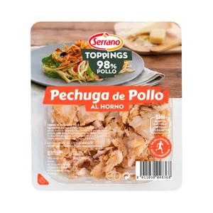 SERRANO Toppings Fiambre de pechuga de pollo al horno, cortada en tiras 140 g.