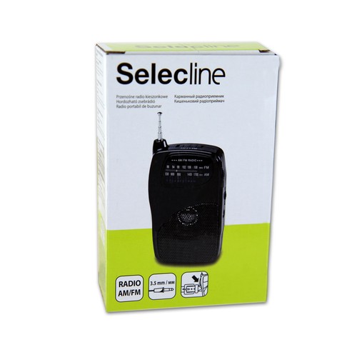 Radio de bolsillo SELECLINE MR973 841641 con sintonizador de radio AM/FM y altavoz incorporado.