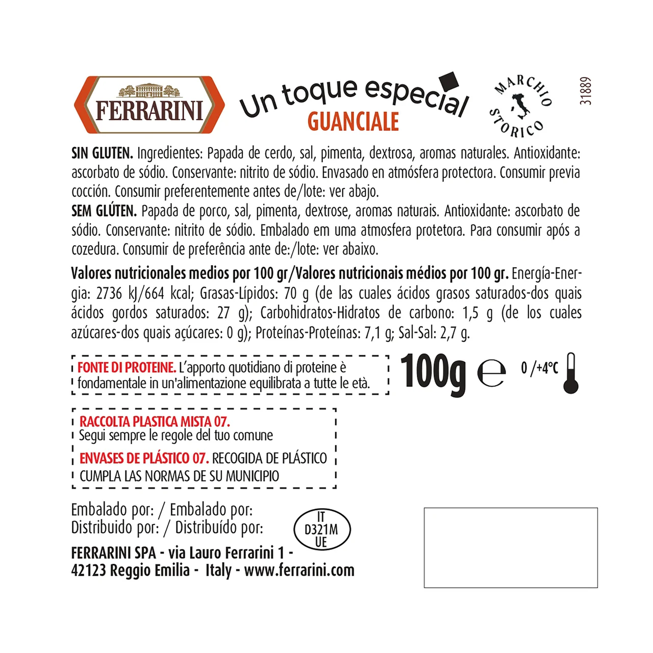Guanciale cortado en cómodas y prácticas tiras 100 g.