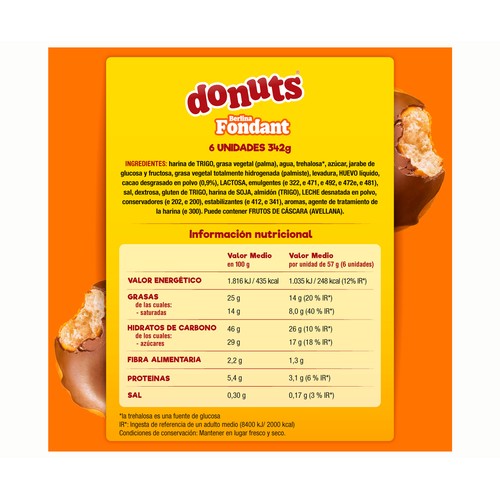 DONUTS Rosquillas de chocolate fondant 6 uds x 342 g. 