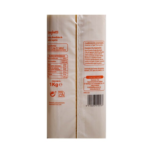 PRODUCTO ECONÓMICO ALCAMPO Pasta espagueti PRODUCTO ECONÓMICO ALCAMPO paquete 1 kg.