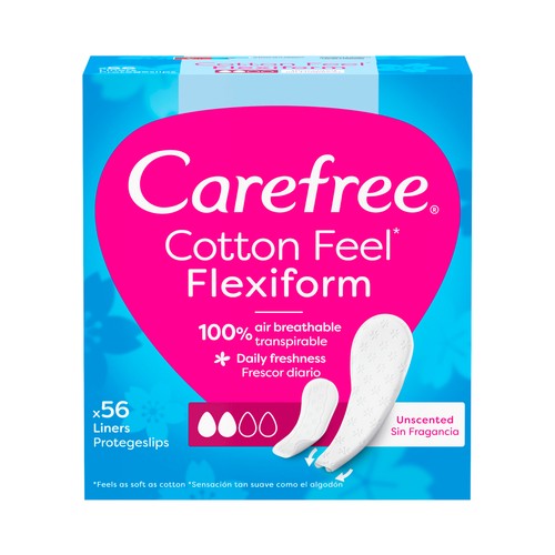 CAREFREE Cotton feel flexiform Protegeslips (salvaslips) normal, transpirables, sin fragancia 56 uds.