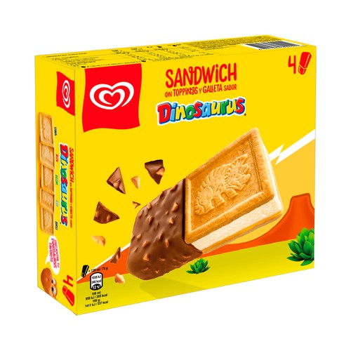 FRIGO Dinosaurus Sándwich de helado galleta toppings y galleta sabor dinosaurus 4 x 130 ml.