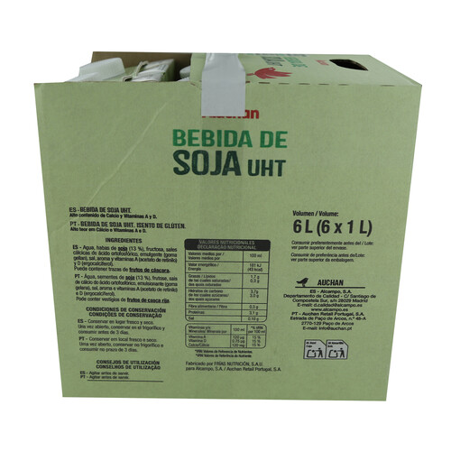 PRODUCTO ALCAMPO Bebida de soja sin gluten, enriquecida con calcio y vitaminas A y D PRODUCTO ALCAMPO 6 x 1l.