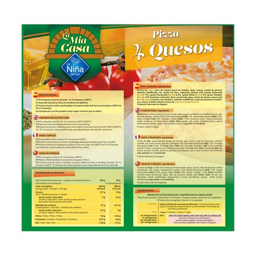 LA NIÑA DEL SUR La mia casa Pizza 4 quesos de masa fina y muy crujiente 2 x 340 g.