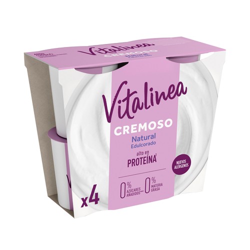 VITALINEA Yogur desnatado 0% materia grasa textura cremosa, natural edulcorado  Cremoso 0% de Danone 4 x 120 g.