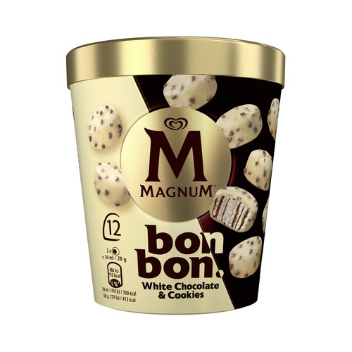 MAGNUM Bombon de Frigo Bombones helados de nata con salsa de cacao con galleta, recubiertos chocolate blanco 12 uds.