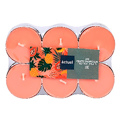 Set de 12 tealights, aroma de frutas tropicales, ALCAMPO.