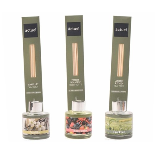 Difusor 50ml, con perfume vainilla frutas rojas o árbol de té. ACTUEL