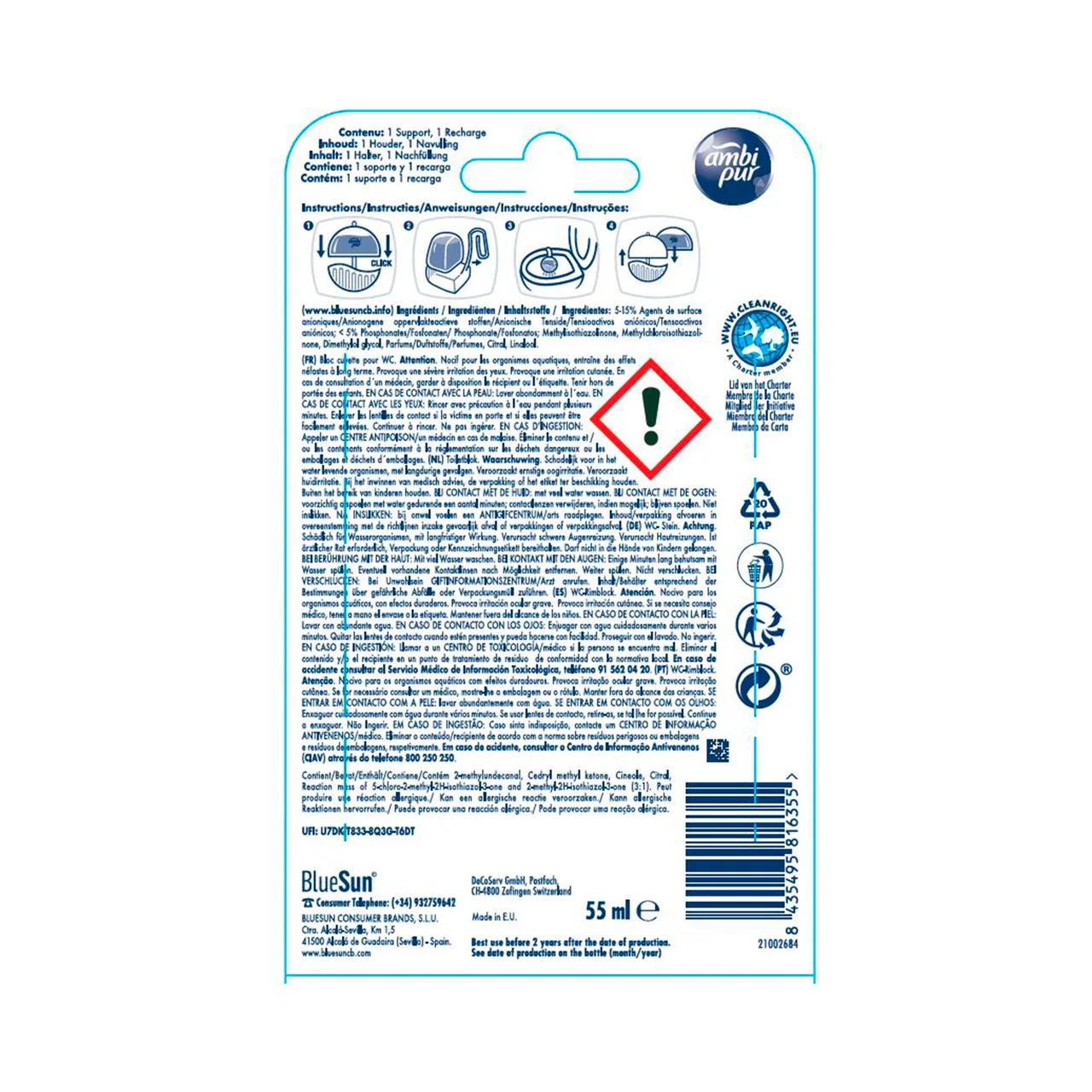AMBIPUR Fresh & clean Colgador para WC 5 en 1 con aroma a menta fresca.