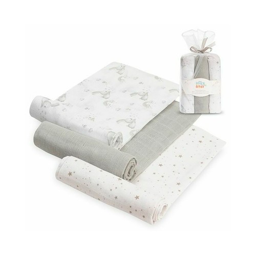 Pack de 3 gasas, diseño de conejitos y estrellas, color gris, INTERBABY.