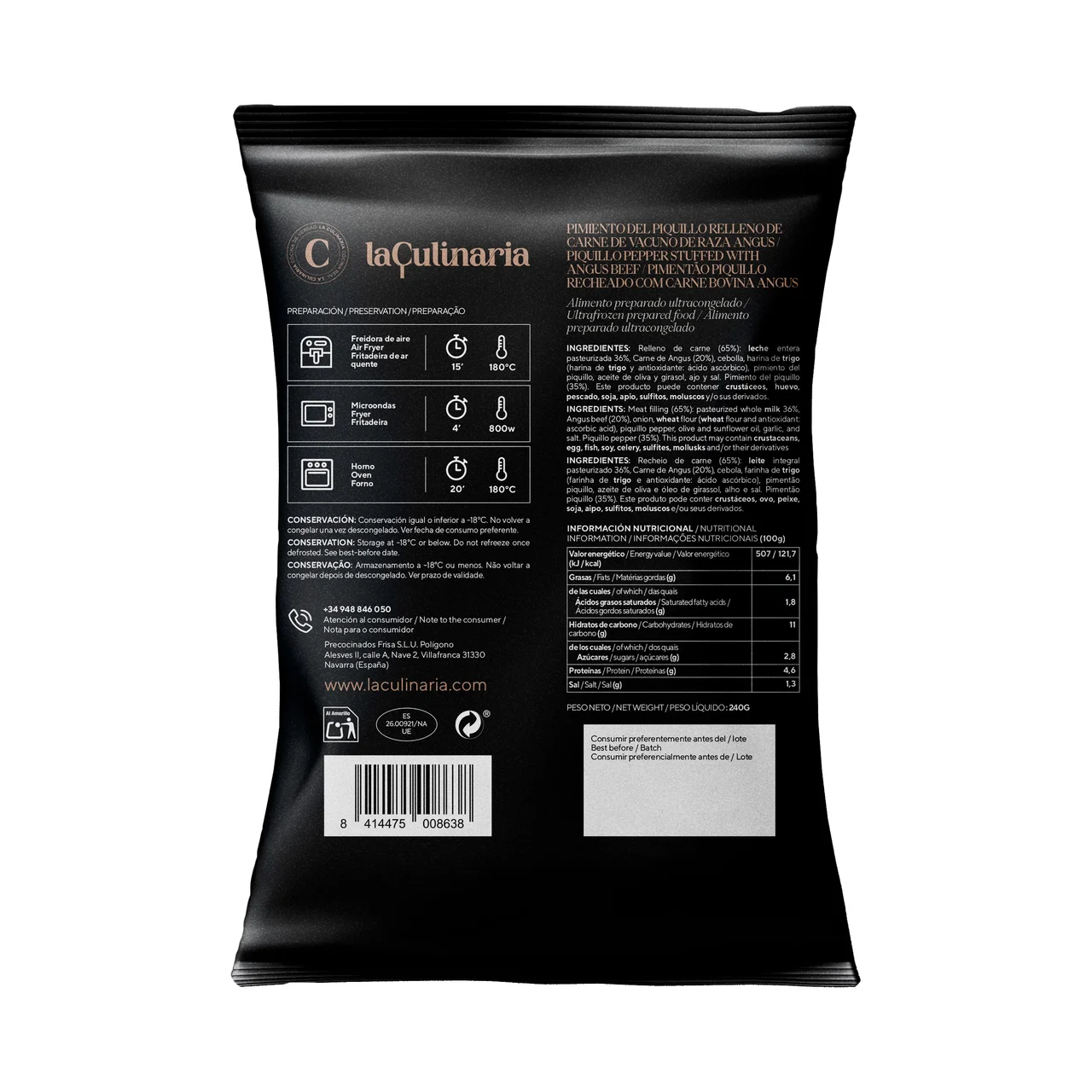 Pimiento relleno de carne de vacuno de raza angus ultracongelado 300 g.