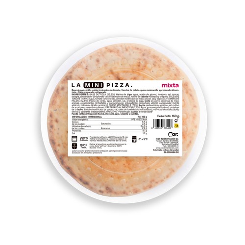 DEORO Mini pizza de salsa de tomate, queso y jamón cocido DEORO 205 g.