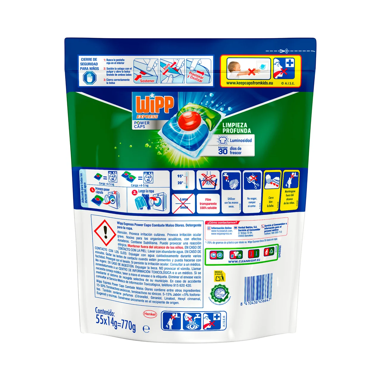 Power caps Detergente para lavadora en cápsulas antiolores 55 uds.