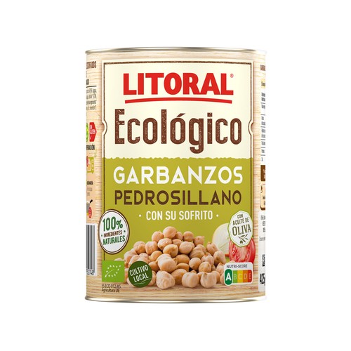 LITORAL ECOLÓGICO Garbanzos con sofrito, variedad Pedrosillano, ecológicos 425 g.