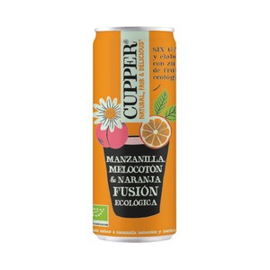 CUPPER Fusión Bebida ecológica con sabor a manzanilla, melocotón y naranja lata 25 cl.