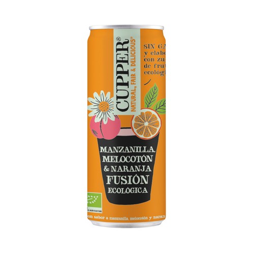 CUPPER Fusión Bebida ecológica con sabor a manzanilla, melocotón y naranja lata 25 cl.