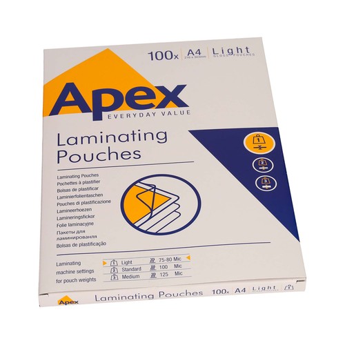 Pack de 100 fundas para plastificar A4, brillo, 75-80 mic. APEX.