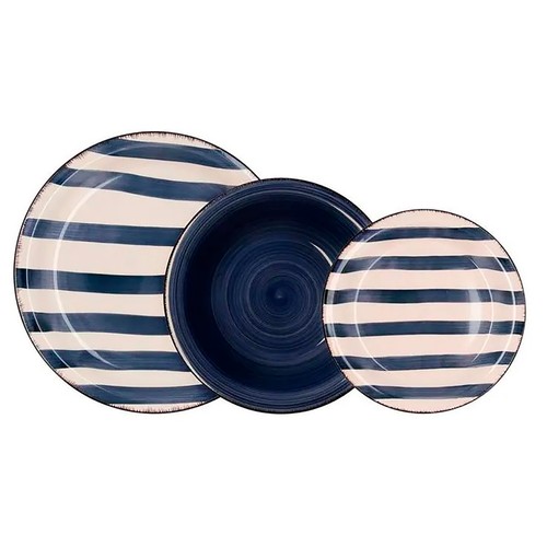 Vajilla completa de 18 piezas, 6 servicios, fabricada en cerámica, blanco/azul, QUID. 