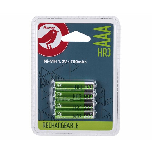 Pack de 4 pilas recargables AAA, Ni-MH, HR03, PRODUCTO ECONÓMICO ALCAMPO, 750 mAh.
