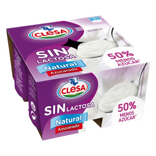 Yogur natural azucarado sin lactosa y con 50% menos de azúcar CLESA 4 x 125 g.