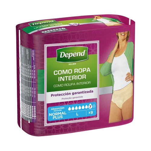 DEPEND Pañal de incontinencia para mujer, talla L con absorción plus DEPEND WOMEN 9 uds