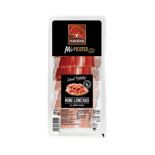 Jamón curado cortado en mini lonchas, ideales para tostadas NAVIDUL Mi picoteo 45 g.