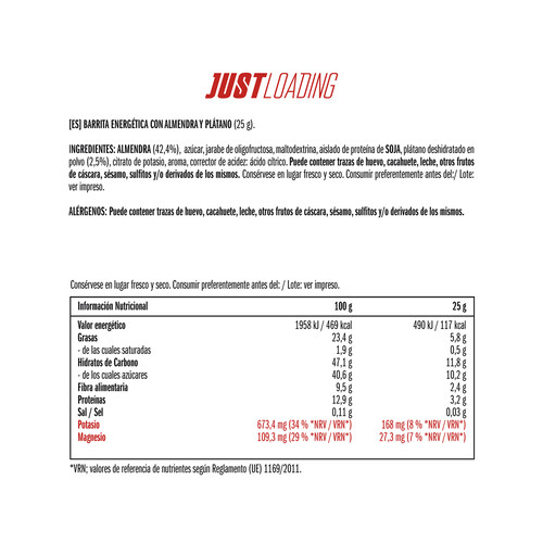 JUST LOADING Barritas energéticas con almendra y plátano JUST LOADING 3 uds. x 25 g.