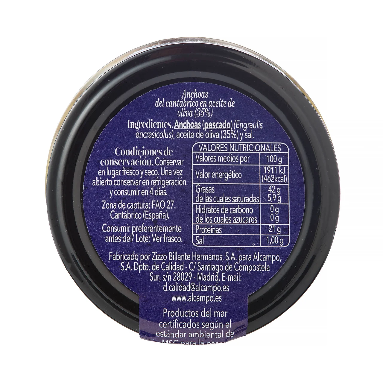 PRODUCTO ALCAMPO Anchoas del Cantábrico (MSC) en aceite de oliva tarro 130 g.