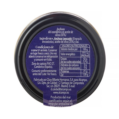 PRODUCTO ALCAMPO Anchoas del Cantábrico (MSC) en aceite de oliva tarro 130 g.