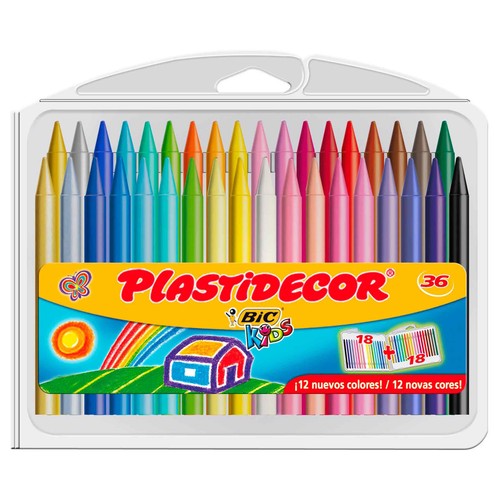 Caja de 36 pinturas extra-resistentes y que no manchan las manos, de diferentes colores, PLASTIDECOR.