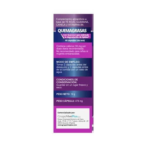 VIVE+ SALUD Y VIDA Quemagrasas con guaraná VIVE + SALUD Y VIDA 40 uds. 19 g.